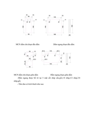 160 
20 
15 
15 
5 
140 
160 
5 
140 
10 10 
140 
5 
140 
10 10 
65 
15 
15 
5 
140 
65 
MCN dầm chủ đoạn đầu dầm Dầm ngang đoạn đầu dầm 
120 
20 
15 
15 
20 70 
32.5 140 32.5 
160 
65 
15 
15 
22.5 
20 
65 
10 
10 
15 
15 
20 
33 
22.5 
40 
MCN dầm chủ đoạn giữa dầm Dầm ngang đoạn giữa dầm 
-Dầm ngang được bố trí tại 5 mặt cắt nhịp cầu:gối,1/4 nhịp,1/2 nhịp,3/4 
nhịp,gối. 
- Tấm đan có kích thướt như sau: 
 