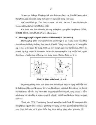 21
3) Average linkage: Khoảng cách giữa hai cụm được xác định là khoảng cách
trung bình giữa mỗi điểm trong một cụm với mọi điểm trong cụm khác.
4) Centroid-linkage: Tìm tâm của cụm 1 và tâm của cụm 2, sau đó tính toán
khoảng cách giữa hai trước khi hợp nhất.
Các thuật toán điển hình cho phương pháp phân cụm phân cấp gồm có CURE,
BIRCH, ROCK, AGNES, DIANA và Chameleon.
b. Phương pháp phân cụm Phân hoạch(Hierarchical Partitional)
Phương pháp phân hoạch (partitional clustering) là tạo ra các phân vùng khác
nhau và sau đó đánh giá chúng theo một số tiêu chí. Chúng cũng được gọi là không phân
cấp vì mỗi cá thể được đặt trong chính xác một trong k cụm loại trừ lẫn nhau. Bởivì chỉ
có một tập hợp k cụm là đầu ra của thuật toán phân cụm phân hoạch điển hình, người
dùng được yêu cầu nhập số lượng cụm mong muốn (thường được gọi là k).
Hình 2.6: Ví dụ phân hoạch với k=3
Một trong những thuật toán phân cụm phân hoạch được sử dụng phổ biến nhất
là thuật toán phân cụm K-Means do có ưu điểm là một giải thuật đơn giản dễ cài đặt, và
cho ra kết quả dễ hiểu. Tuy nhiên khả năng chịu nhiễu không tốt, cùng với đó là dễ bị
ảnh hưởng bởi các phần tử nhiễu, ngoại lệ, nên đây có thể xem là nhược điểm của thuật
toán này.
Thuật toán PAM (Partitioning Around Medoids) tìm kiếm k đối tượng đại diện
trong tập dữ liệu (k tâm) và sau đó gán từng đối tượng cho tâm gần nhất để tạo thành các
cụm. Mục đích của nó là giảm thiểu tổng điểm không giống nhau giữa các đối
 
