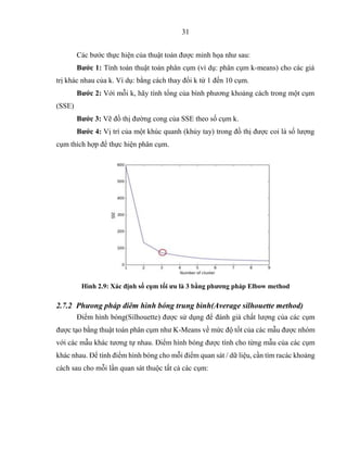 31
Các bước thực hiện của thuật toán được minh họa như sau:
Bước 1: Tính toán thuật toán phân cụm (ví dụ: phân cụm k-means) cho các giá
trị khác nhau của k. Ví dụ: bằng cách thay đổi k từ 1 đến 10 cụm.
Bước 2: Với mỗi k, hãy tính tổng của bình phương khoảng cách trong một cụm
(SSE)
Bước 3: Vẽ đồ thị đường cong của SSE theo số cụm k.
Bước 4: Vị trí của một khúc quanh (khủy tay) trong đồ thị được coi là số lượng
cụm thích hợp để thực hiện phân cụm.
Hình 2.9: Xác định số cụm tối ưu là 3 bằng phương pháp Elbow method
2.7.2 Phưong pháp điêm hình bóng trung bình(Average silhouette method)
Điểm hình bóng(Silhouette) được sử dụng để đánh giá chất lượng của các cụm
được tạo bằng thuật toán phân cụm như K-Means về mức độ tốt của các mẫu được nhóm
với các mẫu khác tương tự nhau. Điểm hình bóng được tính cho từng mẫu của các cụm
khác nhau. Để tính điểm hình bóng cho mỗi điểm quan sát / dữ liệu, cần tìm racác khoảng
cách sau cho mỗi lần quan sát thuộc tất cả các cụm:
 