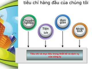 tiêu chí hàng đầu của chúng tôi

đơn
giản

Chuyên
nghiệp
Tiện
ích

Nhiệt
tình

Tiêu chí và mục tiêu trong thiết kế và dịch vụ
của công ty

 