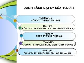 DANH SÁCH ĐẠI LÝ CỦA TCSOFT

Thái Nguyên
CÔNG TY TIN HỌC GIA LINH
Thái Bình
CÔNG TY TNHH TIN HỌC VÀ THƯƠNG MẠI HẢI HÀ
Nghệ An
CÔNG TY TNHH PHÚC AN
Thanh Hóa
CÔNG TY TM CÔNG NGHỆ ĐIỆN TỬ TIN HỌC G8
Nam Định
CÔNG TY TNHH ĐIỆN TỬ - TIN HỌC THUẬN AN

 