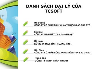 DANH SÁCH ĐẠI LÝ CỦA
TCSOFT
Hải Dương
CÔNG TY CỔ PHẦN DỊCH VỤ VÀ TIN HỌC GIÁO DỤC DTG
Bắc Ninh
CÔNG TY TNHH MÁY TÍNH THÀNH PHÁT

Hà Nam
CÔNG TY MÁY TÍNH HOÀNG TỈNH
Bắc Giang
CÔNG TY CỔ PHẦN CÔNG NGHỆ THÔNG TIN BẮC GIANG

Hưng Yên
CÔNG TY TNHH TRẦN THANH

 