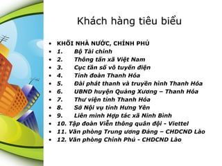 Khách hàng tiêu biểu
•
•
•
•
•
•
•
•
•
•
•
•
•

KHỐI NHÀ NƯỚC, CHÍNH PHỦ
1.      Bộ Tài chính
2.      Thông tấn xã Việt Nam
3.      Cục tần số vô tuyến điện
4.      Tỉnh đoàn Thanh Hóa
5.      Đài phát thanh và truyền hình Thanh Hóa
6.      UBND huyện Quảng Xương – Thanh Hóa
7.      Thư viện tỉnh Thanh Hóa
8.      Sở Nội vụ tỉnh Hưng Yên
9.      Liên minh Hợp tác xã Ninh Bình
10. Tập đoàn Viễn thông quân đội - Viettel
11. Văn phòng Trung ương Đảng – CHDCND Lào
12. Văn phòng Chính Phủ - CHDCND Lào

 