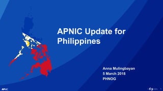 1
Anna Mulingbayan
5 March 2018
PHNOG
APNIC Update for
Philippines
 