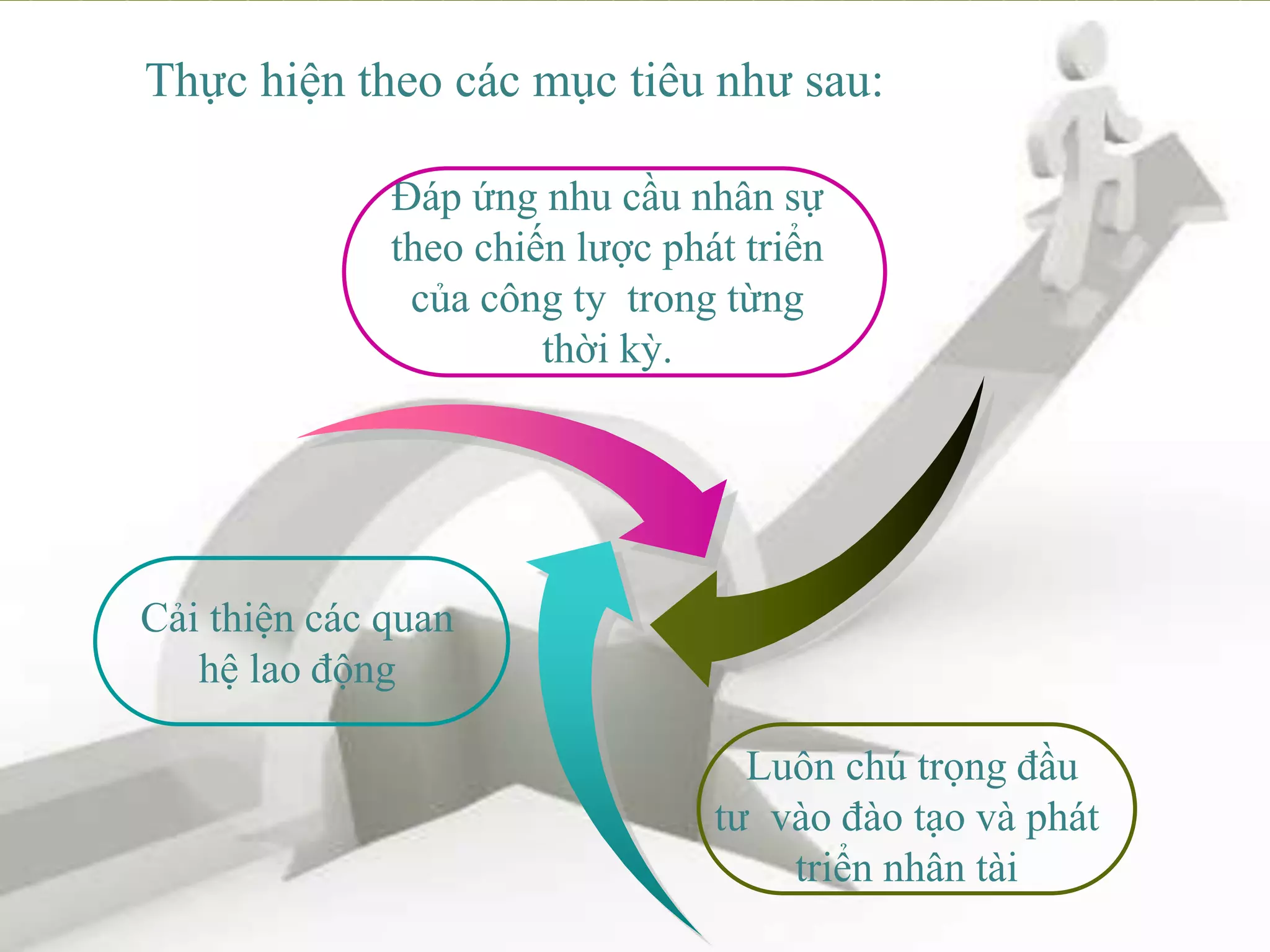 Thực hiện theo các mục tiêu như sau:
Cải thiện các quan
hệ lao động
Đáp ứng nhu cầu nhân sự
theo chiến lược phát triển
của công ty trong từng
thời kỳ.
Luôn chú trọng đầu
tư vào đào tạo và phát
triển nhân tài
 