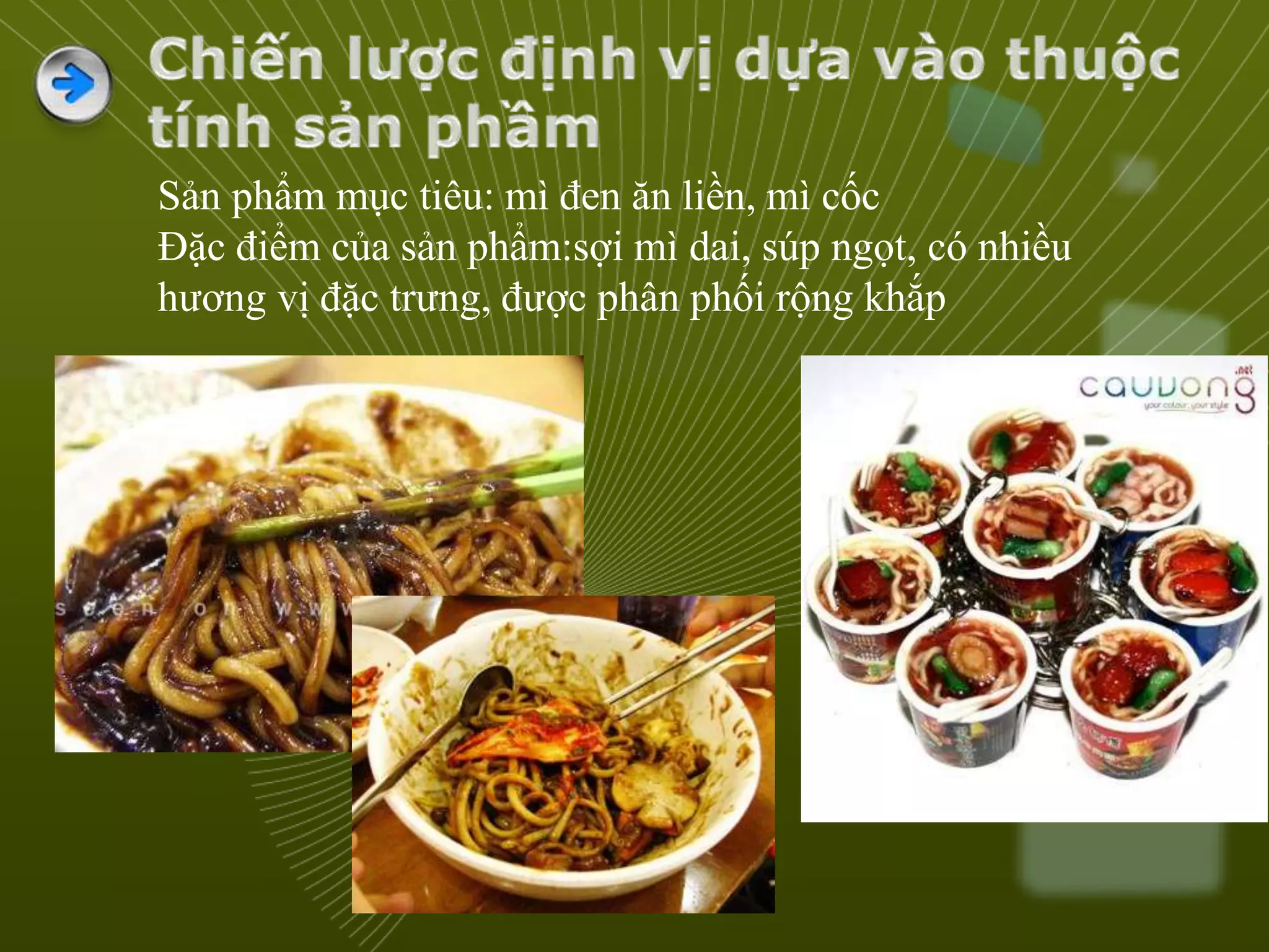 Sản phẩm mục tiêu: mì đen ăn liền, mì cốc
Đặc điểm của sản phẩm:sợi mì dai, súp ngọt, có nhiều
hương vị đặc trưng, được phân phối rộng khắp
 