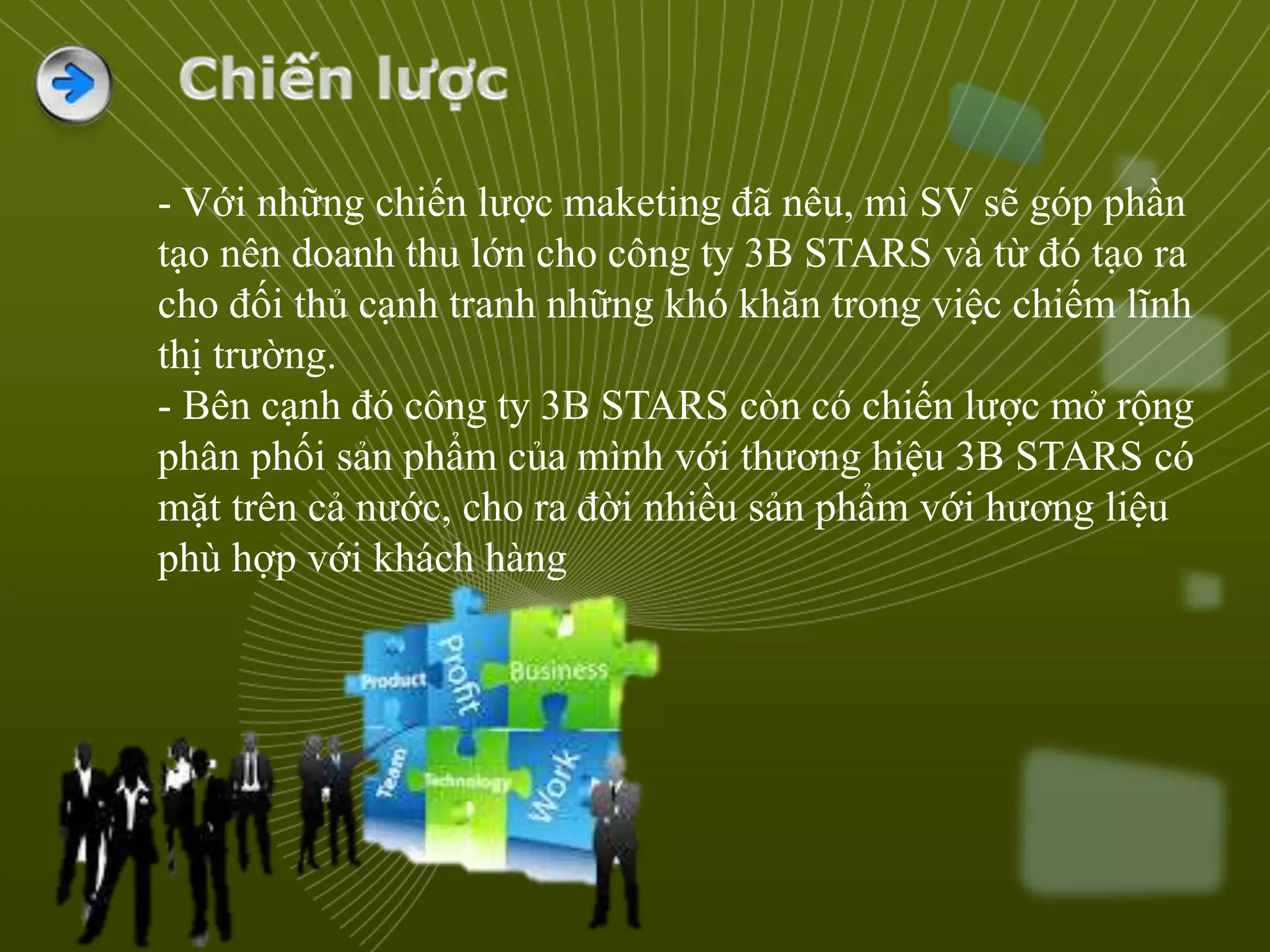 - Với những chiến lược maketing đã nêu, mì SV sẽ góp phần
tạo nên doanh thu lớn cho công ty 3B STARS và từ đó tạo ra
cho đối thủ cạnh tranh những khó khăn trong việc chiếm lĩnh
thị trường.
- Bên cạnh đó công ty 3B STARS còn có chiến lược mở rộng
phân phối sản phẩm của mình với thương hiệu 3B STARS có
mặt trên cả nước, cho ra đời nhiều sản phẩm với hương liệu
phù hợp với khách hàng
 
