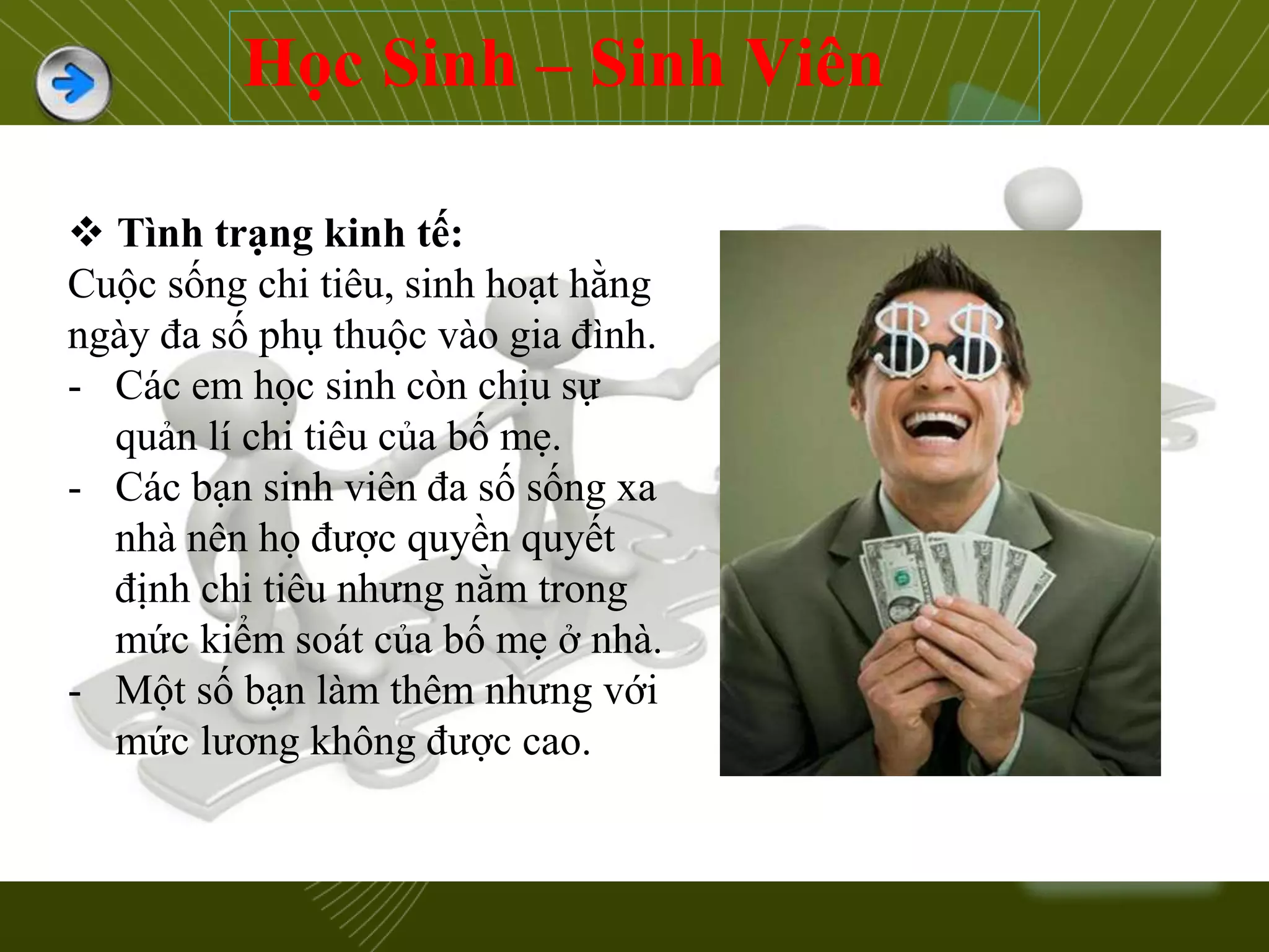 Tình trạng kinh tế:
Cuộc sống chi tiêu, sinh hoạt hằng
ngày đa số phụ thuộc vào gia đình.
- Các em học sinh còn chịu sự
quản lí chi tiêu của bố mẹ.
- Các bạn sinh viên đa số sống xa
nhà nên họ được quyền quyết
định chi tiêu nhưng nằm trong
mức kiểm soát của bố mẹ ở nhà.
- Một số bạn làm thêm nhưng với
mức lương không được cao.
Học Sinh – Sinh Viên
 