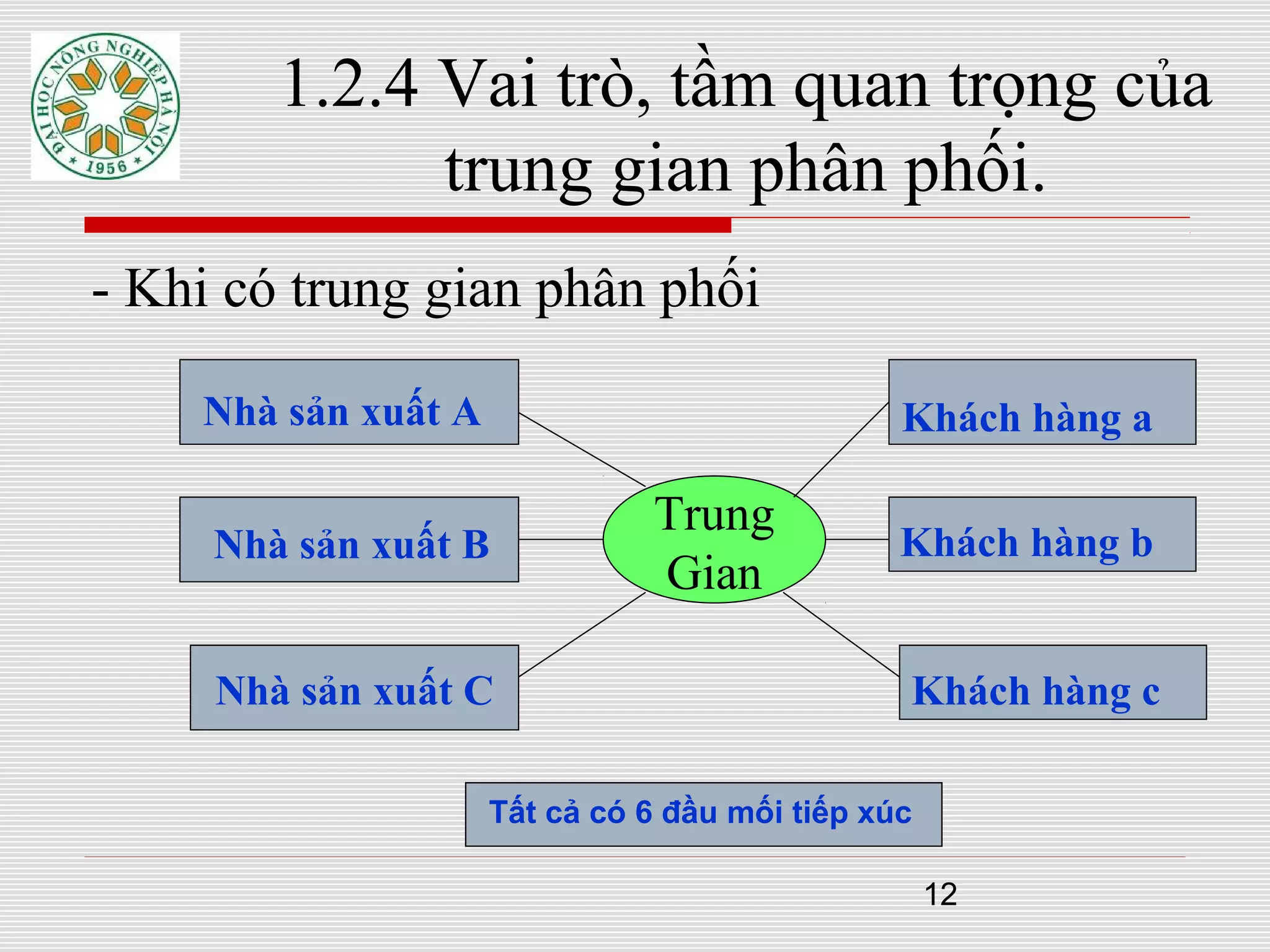 12
1.2.4 Vai trò, tầm quan trọng của
trung gian phân phối.
- Khi có trung gian phân phối
Nhà sản xuất A
Nhà sản xuất B Khách hàng b
Khách hàng c
Khách hàng a
Tất cả có 6 đầu mối tiếp xúc
Nhà sản xuất C
Trung
Gian
 