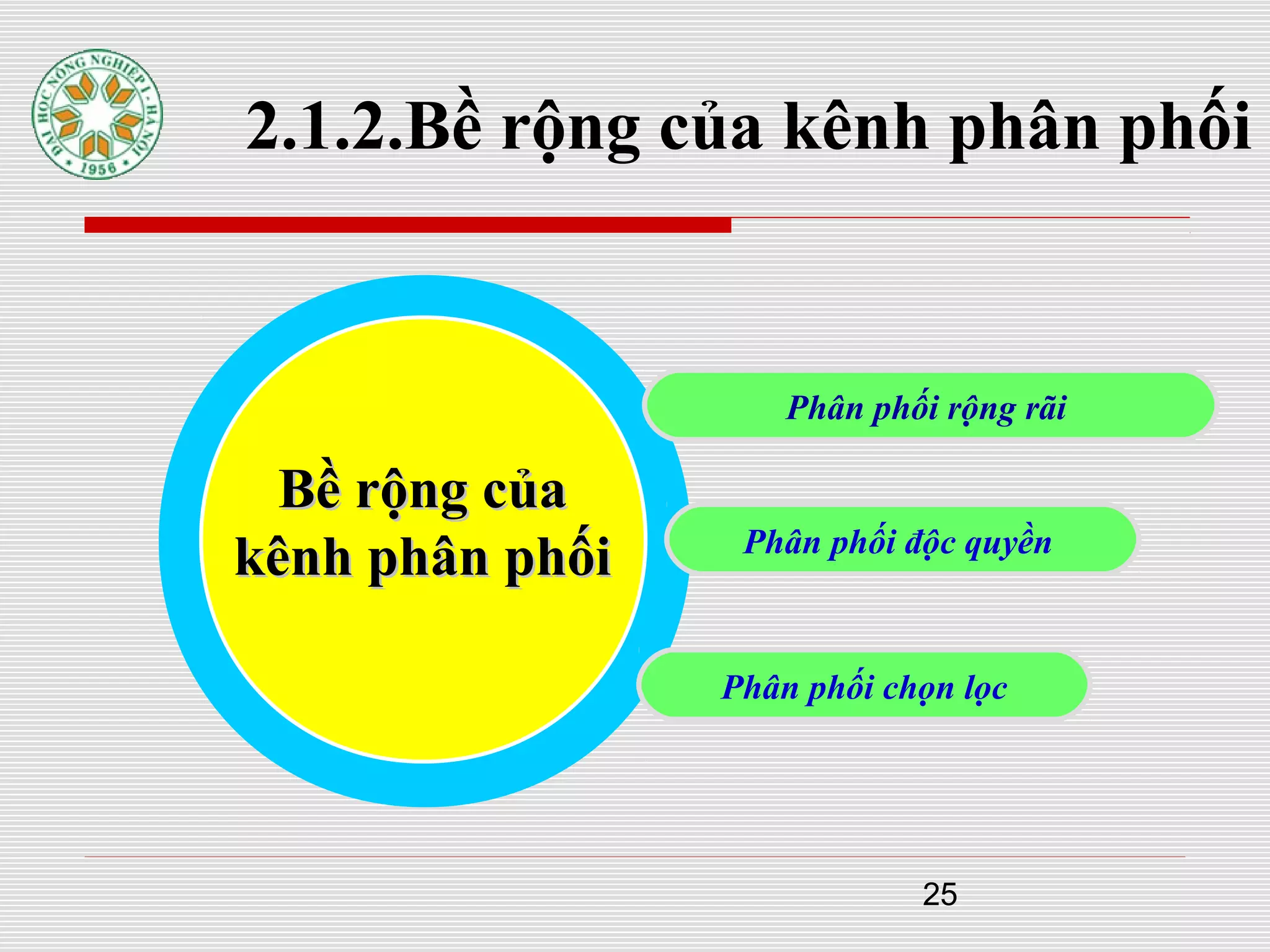 25
2.1.2.Bề rộng của kênh phân phối
Phân phối rộng rãi
Phân phối độc quyền
Phân phối chọn lọc
Bề rộng củaBề rộng của
kênh phân phốikênh phân phối
 
