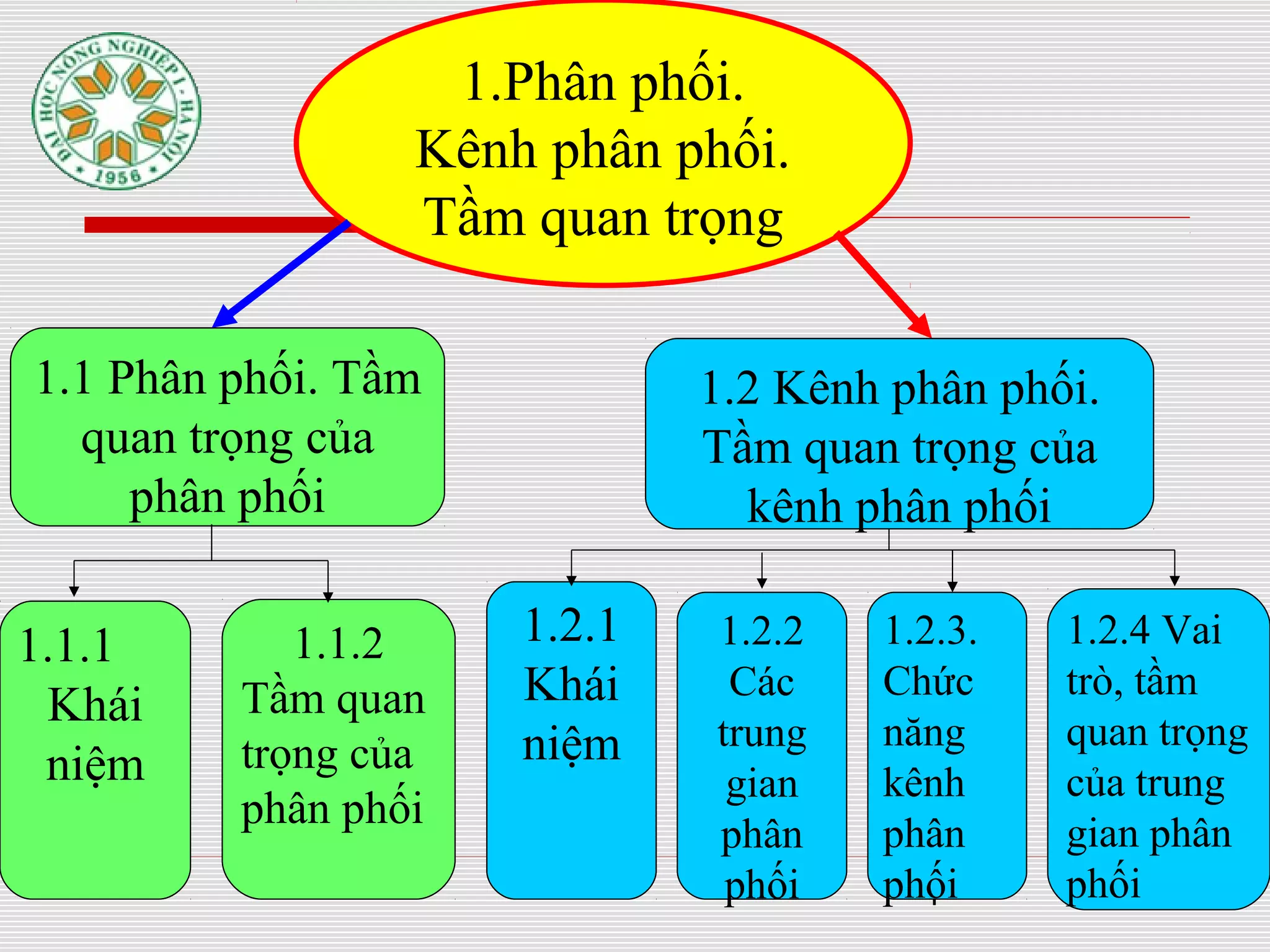 4
1.1 Phân phối. Tầm
quan trọng của
phân phối
1.Phân phối.
Kênh phân phối.
Tầm quan trọng
1.1.1
Khái
niệm
1.1.2
Tầm quan
trọng của
phân phối
1.2 Kênh phân phối.
Tầm quan trọng của
kênh phân phối
1.2.2
Các
trung
gian
phân
phối
1.2.3.
Chức
năng
kênh
phân
phối
1.2.4 Vai
trò, tầm
quan trọng
của trung
gian phân
phối
1.2.1
Khái
niệm
 