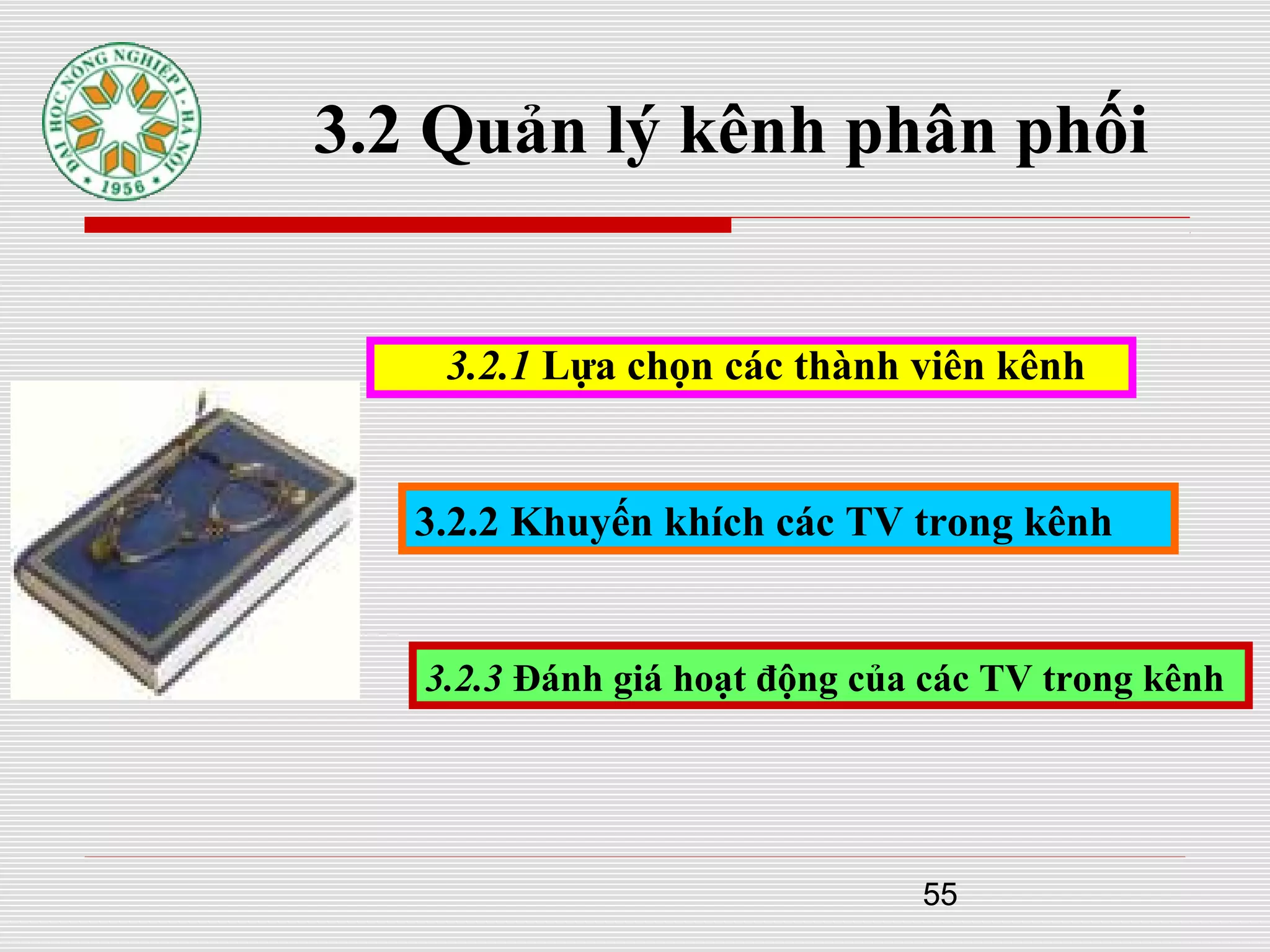 55
3.2 Quản lý kênh phân phối
3.2.1 Lựa chọn các thành viên kênh
3.2.2 Khuyến khích các TV trong kênh
3.2.3 Đánh giá hoạt động của các TV trong kênh
 