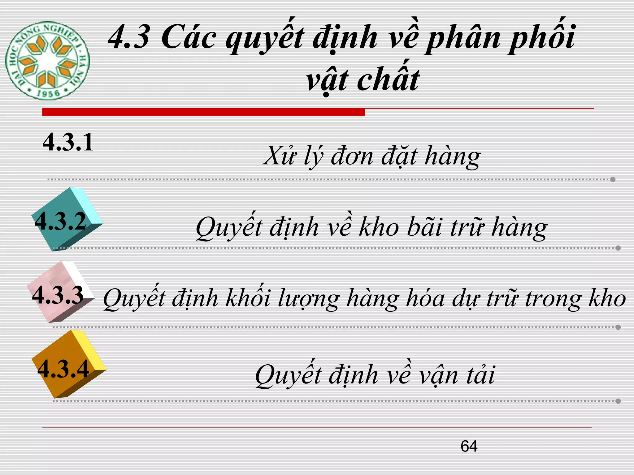 64
4.3 Các quyết định về phân phối
vật chất
4.3.1
Xử lý đơn đặt hàng
Quyết định về kho bãi trữ hàng4.3.2
4.3.3 Quyết định khối lượng hàng hóa dự trữ trong kho
4.3.4 Quyết định về vận tải
 
