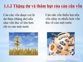 1.1.2 Thặng dư và thâm hụt của cán cân vốn
Cán cân vốn được coi là
dư thừa (thặng dư) nếu
như vốn thu về lớn hơn
chi ra của một nước

Cán cân vốn thiếu hụt nếu
vốn chảy ra nhiều hơn vốn
thu về của một nước

 