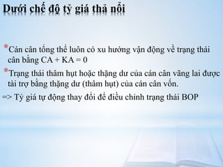 Dưới chế độ tỷ giá thả nổi

*Cán cân tổng thể luôn có xu hướng vận động về trạng thái
cân bằng CA + KA = 0

*Trạng thái thâm hụt hoặc thặng dư của cán cân vãng lai được
tài trợ bằng thặng dư (thâm hụt) của cán cân vốn.
=> Tỷ giá tự động thay đổi để điều chỉnh trạng thái BOP

 
