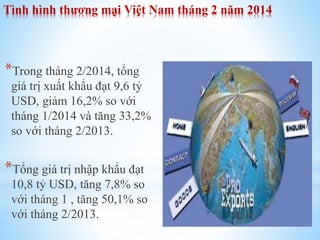 Tình hình thương mại Việt Nam tháng 2 năm 2014

*Trong tháng 2/2014, tổng
giá trị xuất khẩu đạt 9,6 tỷ
USD, giảm 16,2% so với
tháng 1/2014 và tăng 33,2%
so với tháng 2/2013.

*Tổng giá trị nhập khẩu đạt
10,8 tỷ USD, tăng 7,8% so
với tháng 1 , tăng 50,1% so
với tháng 2/2013.

 