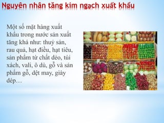 Nguyên nhân tăng kim ngạch xuất khẩu
Một số mặt hàng xuất
khẩu trong nước sản xuất
tăng khá như: thuỷ sản,
rau quả, hạt điều, hạt tiêu,
sản phẩm từ chất dẻo, túi
xách, vali, ô dù, gỗ và sản
phẩm gỗ, dệt may, giày
dép…

 
