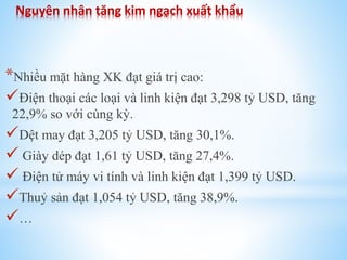 Nguyên nhân tăng kim ngạch xuất khẩu

*Nhiều mặt hàng XK đạt giá trị cao:
Điện thoại các loại và linh kiện đạt 3,298 tỷ USD, tăng
22,9% so với cùng kỳ.

Dệt may đạt 3,205 tỷ USD, tăng 30,1%.
 Giày dép đạt 1,61 tỷ USD, tăng 27,4%.
 Điện tử máy vi tính và linh kiện đạt 1,399 tỷ USD.
Thuỷ sản đạt 1,054 tỷ USD, tăng 38,9%.
…

 
