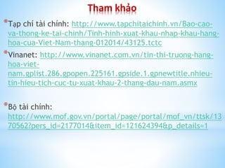 Tham khảo
*Tạp chí tài chính: http://www.tapchitaichinh.vn/Bao-caova-thong-ke-tai-chinh/Tinh-hinh-xuat-khau-nhap-khau-hanghoa-cua-Viet-Nam-thang-012014/43125.tctc

*Vinanet: http://www.vinanet.com.vn/tin-thi-truong-hanghoa-vietnam.gplist.286.gpopen.225161.gpside.1.gpnewtitle.nhieutin-hieu-tich-cuc-tu-xuat-khau-2-thang-dau-nam.asmx

*Bộ tài chính:
http://www.mof.gov.vn/portal/page/portal/mof_vn/ttsk/13
70562?pers_id=2177014&item_id=121624394&p_details=1

 