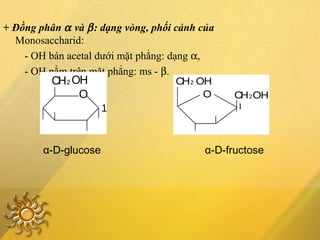 + Đồng phân α và β: dạng vòng, phối cảnh của
Monosaccharid:
- OH bán acetal dưới mặt phẳng: dạng α,
- OH nằm trên mặt phẳng: ms - β.
O
CH2 OH
1
CH2
CH2OH
OH
O
1
α-D-glucose α-D-fructose
 