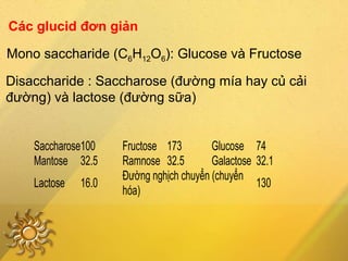 Các glucid đơn giản
Mono saccharide (C6H12O6): Glucose và Fructose
Disaccharide : Saccharose (đường mía hay củ cải
đường) và lactose (đường sữa)
Saccharose100 Fructose 173 Glucose 74
Mantose 32.5 Ramnose 32.5 Galactose 32.1
Lactose 16.0
Đường nghịch chuyển (chuyển
hóa)
130
 