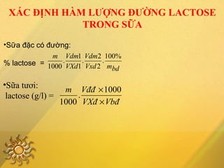 •Sữa đặc có đường:
% lactose =
bdmVxd
Vdm
VXd
Vdmm %100
.
2
2
.
1
1
.
1000
,
•Sữa tươi:
lactose (g/l) =
VbđVXđ
Vđđm
×
×1000
.
1000
,
XÁC ĐỊNH HÀM LƯỢNG ĐƯỜNG LACTOSE
TRONG SỮA
 
