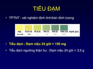 TIỂU ĐẠM
• TPTNT : xét nghiệm định tính/bán định lượng
• Tiểu đạm : Đạm niệu 24 giờ > 150 mg
• Tiểu đạm ngưỡng thận hư : Đạm niệu 24 giờ > 3,5 g
 