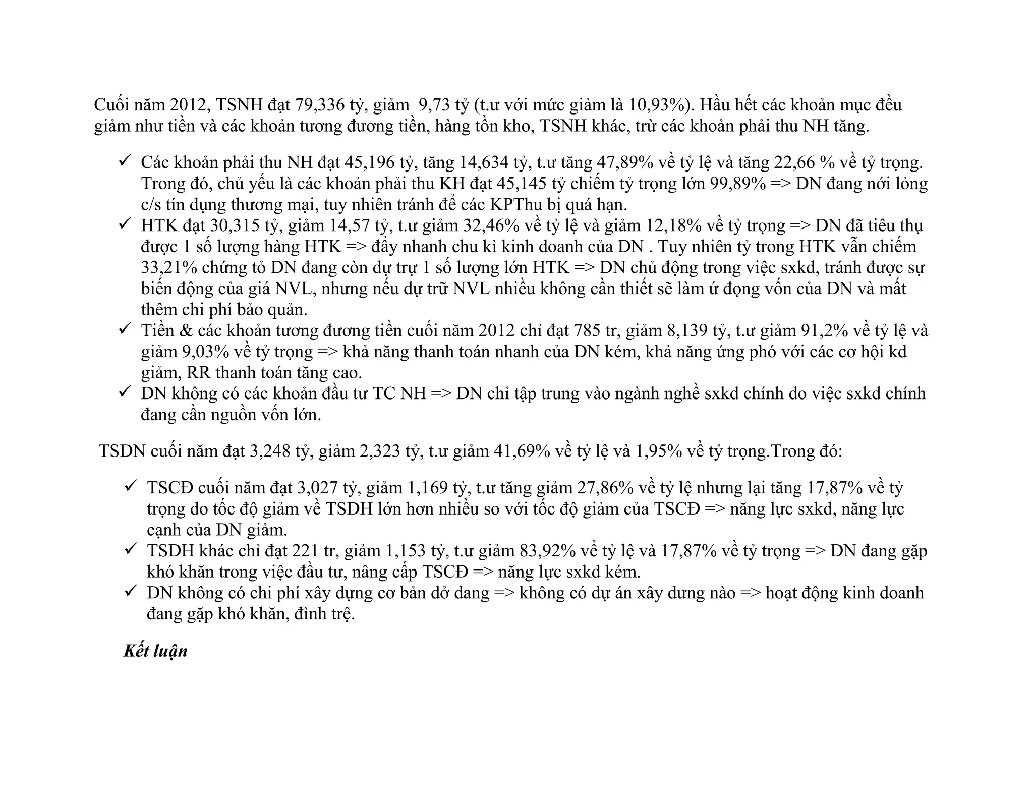Cuối năm 2012, TSNH đạt 79,336 tỷ, giảm 9,73 tỷ (t.ư với mức giảm là 10,93%). Hầu hết các khoản mục đều
giảm như tiền và các khoản tương đương tiền, hàng tồn kho, TSNH khác, trừ các khoản phải thu NH tăng.
 Các khoản phải thu NH đạt 45,196 tỷ, tăng 14,634 tỷ, t.ư tăng 47,89% về tỷ lệ và tăng 22,66 % về tỷ trọng.
Trong đó, chủ yếu là các khoản phải thu KH đạt 45,145 tỷ chiếm tỷ trọng lớn 99,89% => DN đang nới lỏng
c/s tín dụng thương mại, tuy nhiên tránh để các KPThu bị quá hạn.
 HTK đạt 30,315 tỷ, giảm 14,57 tỷ, t.ư giảm 32,46% về tỷ lệ và giảm 12,18% về tỷ trọng => DN đã tiêu thụ
được 1 số lượng hàng HTK => đẩy nhanh chu kì kinh doanh của DN . Tuy nhiên tỷ trong HTK vẫn chiếm
33,21% chứng tỏ DN đang còn dự trự 1 số lượng lớn HTK => DN chủ động trong việc sxkd, tránh được sự
biến động của giá NVL, nhưng nếu dự trữ NVL nhiều không cần thiết sẽ làm ứ đọng vốn của DN và mất
thêm chi phí bảo quản.
 Tiền & các khoản tương đương tiền cuối năm 2012 chỉ đạt 785 tr, giảm 8,139 tỷ, t.ư giảm 91,2% về tỷ lệ và
giảm 9,03% về tỷ trọng => khả năng thanh toán nhanh của DN kém, khả năng ứng phó với các cơ hội kd
giảm, RR thanh toán tăng cao.
 DN không có các khoản đầu tư TC NH => DN chỉ tập trung vào ngành nghề sxkd chính do việc sxkd chính
đang cần nguồn vốn lớn.
TSDN cuối năm đạt 3,248 tỷ, giảm 2,323 tỷ, t.ư giảm 41,69% về tỷ lệ và 1,95% về tỷ trọng.Trong đó:
 TSCĐ cuối năm đạt 3,027 tỷ, giảm 1,169 tỷ, t.ư tăng giảm 27,86% về tỷ lệ nhưng lại tăng 17,87% về tỷ
trọng do tốc độ giảm về TSDH lớn hơn nhiều so với tốc độ giảm của TSCĐ => năng lực sxkd, năng lực
cạnh của DN giảm.
 TSDH khác chỉ đạt 221 tr, giảm 1,153 tỷ, t.ư giảm 83,92% vể tỷ lệ và 17,87% về tỷ trọng => DN đang gặp
khó khăn trong việc đầu tư, nâng cấp TSCĐ => năng lực sxkd kém.
 DN không có chi phí xây dựng cơ bản dở dang => không có dự án xây dưng nào => hoạt động kinh doanh
đang gặp khó khăn, đình trệ.
Kết luận
 