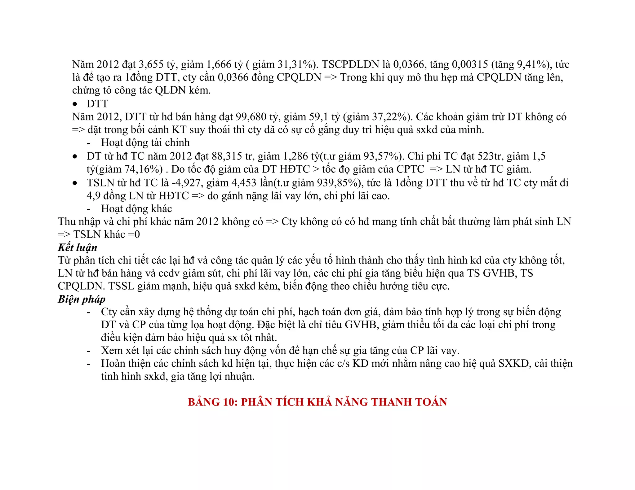 Năm 2012 đạt 3,655 tỷ, giảm 1,666 tỷ ( giảm 31,31%). TSCPDLDN là 0,0366, tăng 0,00315 (tăng 9,41%), tức
là để tạo ra 1đồng DTT, cty cần 0,0366 đồng CPQLDN => Trong khi quy mô thu hẹp mà CPQLDN tăng lên,
chứng tỏ công tác QLDN kém.
DTT
Năm 2012, DTT từ hđ bán hàng đạt 99,680 tỷ, giảm 59,1 tỷ (giảm 37,22%). Các khoản giảm trừ DT không có
=> đặt trong bối cảnh KT suy thoái thì cty đã có sự cố gắng duy trì hiệu quả sxkd của mình.
- Hoạt động tài chính
DT từ hđ TC năm 2012 đạt 88,315 tr, giảm 1,286 tỷ(t.ư giảm 93,57%). Chi phí TC đạt 523tr, giảm 1,5
tỷ(giảm 74,16%) . Do tốc độ giảm của DT HĐTC > tốc đọ giảm của CPTC => LN từ hđ TC giảm.
TSLN từ hđ TC là -4,927, giảm 4,453 lần(t.ư giảm 939,85%), tức là 1đồng DTT thu về từ hđ TC cty mất đi
4,9 đồng LN từ HĐTC => do gánh nặng lãi vay lớn, chi phí lãi cao.
- Hoạt dộng khác
Thu nhập và chi phí khác năm 2012 không có => Cty không có có hđ mang tính chất bất thường làm phát sinh LN
=> TSLN khác =0
Kết luận
Từ phân tích chi tiết các lại hđ và công tác quản lý các yếu tố hình thành cho thấy tình hình kd của cty không tốt,
LN từ hđ bán hàng và ccdv giảm sút, chi phí lãi vay lớn, các chi phí gia tăng biểu hiện qua TS GVHB, TS
CPQLDN. TSSL giảm mạnh, hiệu quả sxkd kém, biến động theo chiều hướng tiêu cực.
Biện pháp
- Cty cần xây dựng hệ thống dự toán chi phí, hạch toán đơn giá, đảm bảo tính hợp lý trong sự biến động
DT và CP của từng lọa hoạt động. Đặc biệt là chỉ tiêu GVHB, giảm thiểu tối đa các loại chi phí trong
điều kiện đảm bảo hiệu quả sx tôt nhât.
- Xem xét lại các chính sách huy động vốn để hạn chế sự gia tăng của CP lãi vay.
- Hoàn thiện các chính sách kd hiện tại, thực hiện các c/s KD mới nhằm nâng cao hiệ quả SXKD, cải thiện
tình hình sxkd, gia tăng lợi nhuận.
BẢNG 10: PHÂN TÍCH KHẢ NĂNG THANH TOÁN
 
