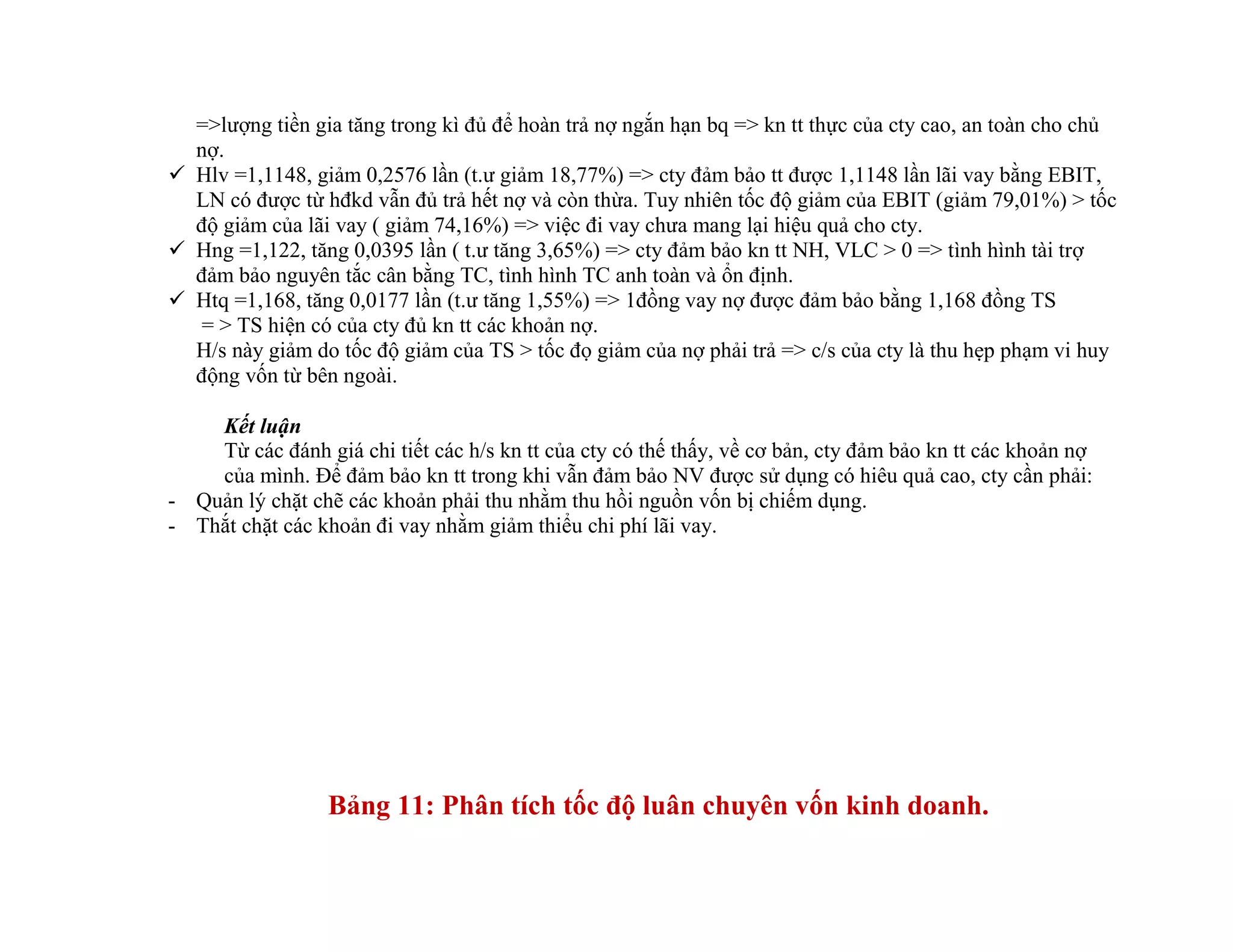 =>lượng tiền gia tăng trong kì đủ để hoàn trả nợ ngắn hạn bq => kn tt thực của cty cao, an toàn cho chủ
nợ.
 Hlv =1,1148, giảm 0,2576 lần (t.ư giảm 18,77%) => cty đảm bảo tt được 1,1148 lần lãi vay bằng EBIT,
LN có được từ hđkd vẫn đủ trả hết nợ và còn thừa. Tuy nhiên tốc độ giảm của EBIT (giảm 79,01%) > tốc
độ giảm của lãi vay ( giảm 74,16%) => việc đi vay chưa mang lại hiệu quả cho cty.
 Hng =1,122, tăng 0,0395 lần ( t.ư tăng 3,65%) => cty đảm bảo kn tt NH, VLC > 0 => tình hình tài trợ
đảm bảo nguyên tắc cân bằng TC, tình hình TC anh toàn và ổn định.
 Htq =1,168, tăng 0,0177 lần (t.ư tăng 1,55%) => 1đồng vay nợ được đảm bảo bằng 1,168 đồng TS
= > TS hiện có của cty đủ kn tt các khoản nợ.
H/s này giảm do tốc độ giảm của TS > tốc đọ giảm của nợ phải trả => c/s của cty là thu hẹp phạm vi huy
động vốn từ bên ngoài.
Kết luận
Từ các đánh giá chi tiết các h/s kn tt của cty có thế thấy, về cơ bản, cty đảm bảo kn tt các khoản nợ
của mình. Để đảm bảo kn tt trong khi vẫn đảm bảo NV được sử dụng có hiêu quả cao, cty cần phải:
- Quản lý chặt chẽ các khoản phải thu nhằm thu hồi nguồn vốn bị chiếm dụng.
- Thắt chặt các khoản đi vay nhằm giảm thiểu chi phí lãi vay.
Bảng 11: Phân tích tốc độ luân chuyên vốn kinh doanh.
 