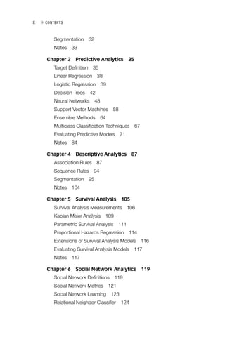 x ▸ CONTENTS
Segmentation 32
Notes 33
Chapter 3 Predictive Analytics 35
Target Definition 35
Linear Regression 38
Logistic Regression 39
Decision Trees 42
Neural Networks 48
Support Vector Machines 58
Ensemble Methods 64
Multiclass Classification Techniques 67
Evaluating Predictive Models 71
Notes 84
Chapter 4 Descriptive Analytics 87
Association Rules 87
Sequence Rules 94
Segmentation 95
Notes 104
Chapter 5 Survival Analysis 105
Survival Analysis Measurements 106
Kaplan Meier Analysis 109
Parametric Survival Analysis 111
Proportional Hazards Regression 114
Extensions of Survival Analysis Models 116
Evaluating Survival Analysis Models 117
Notes 117
Chapter 6 Social Network Analytics 119
Social Network Definitions 119
Social Network Metrics 121
Social Network Learning 123
Relational Neighbor Classifier 124
 