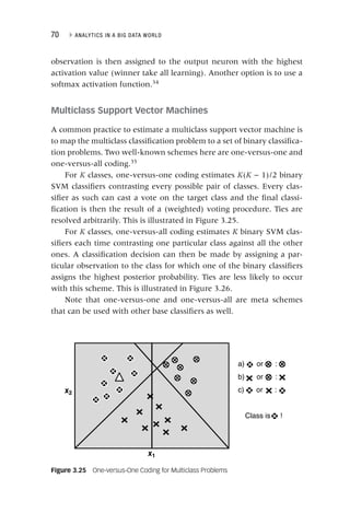 70 ▸ ANALYTICS IN A BIG DATA WORLD
observation is then assigned to the output neuron with the highest
activation value (winner take all learning). Another option is to use a
softmax activation function.34
Multiclass Support Vector Machines
A common practice to estimate a multiclass support vector machine is
to map the multiclass classification problem to a set of binary classifica-
tion problems. Two well‐known schemes here are one‐versus‐one and
one‐versus‐all coding.35
For K classes, one‐versus‐one coding estimates
K K(
K K − 1)/2 binary
K
SVM classifiers contrasting every possible pair of classes. Every clas-
sifier as such can cast a vote on the target class and the final classi-
fication is then the result of a (weighted) voting procedure. Ties are
resolved arbitrarily. This is illustrated in Figure 3.25.
For K classes, one‐versus‐all coding estimates
K K binary SVM clas-
K
sifiers each time contrasting one particular class against all the other
ones. A classification decision can then be made by assigning a par-
ticular observation to the class for which one of the binary classifiers
assigns the highest posterior probability. Ties are less likely to occur
with this scheme. This is illustrated in Figure 3.26.
Note that one‐versus‐one and one‐versus‐all are meta schemes
that can be used with other base classifiers as well.
Figure 3.25 One‐versus‐One Coding for Multiclass Problems
x1
x2
a) or :
b) or :
c) or :
Class is !
 