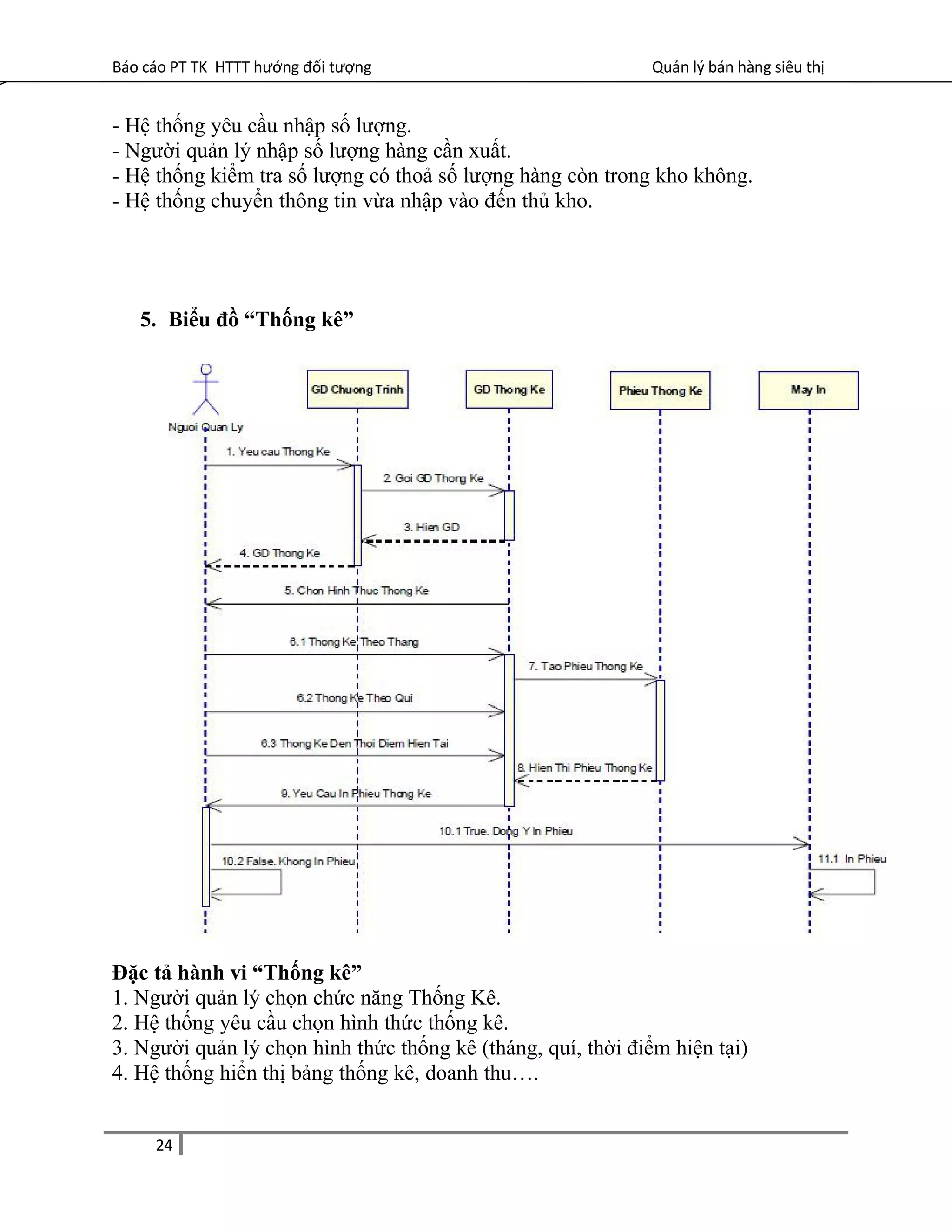 Báo cáo PT TK HTTT hướng đối tượng Quản lý bán hàng siêu thị
- Hệ thống yêu cầu nhập số lượng.
- Người quản lý nhập số lượng hàng cần xuất.
- Hệ thống kiểm tra số lượng có thoả số lượng hàng còn trong kho không.
- Hệ thống chuyển thông tin vừa nhập vào đến thủ kho.
5. Biểu đồ “Thống kê”
Đặc tả hành vi “Thống kê”
1. Người quản lý chọn chức năng Thống Kê.
2. Hệ thống yêu cầu chọn hình thức thống kê.
3. Người quản lý chọn hình thức thống kê (tháng, quí, thời điểm hiện tại)
4. Hệ thống hiển thị bảng thống kê, doanh thu….
24
 