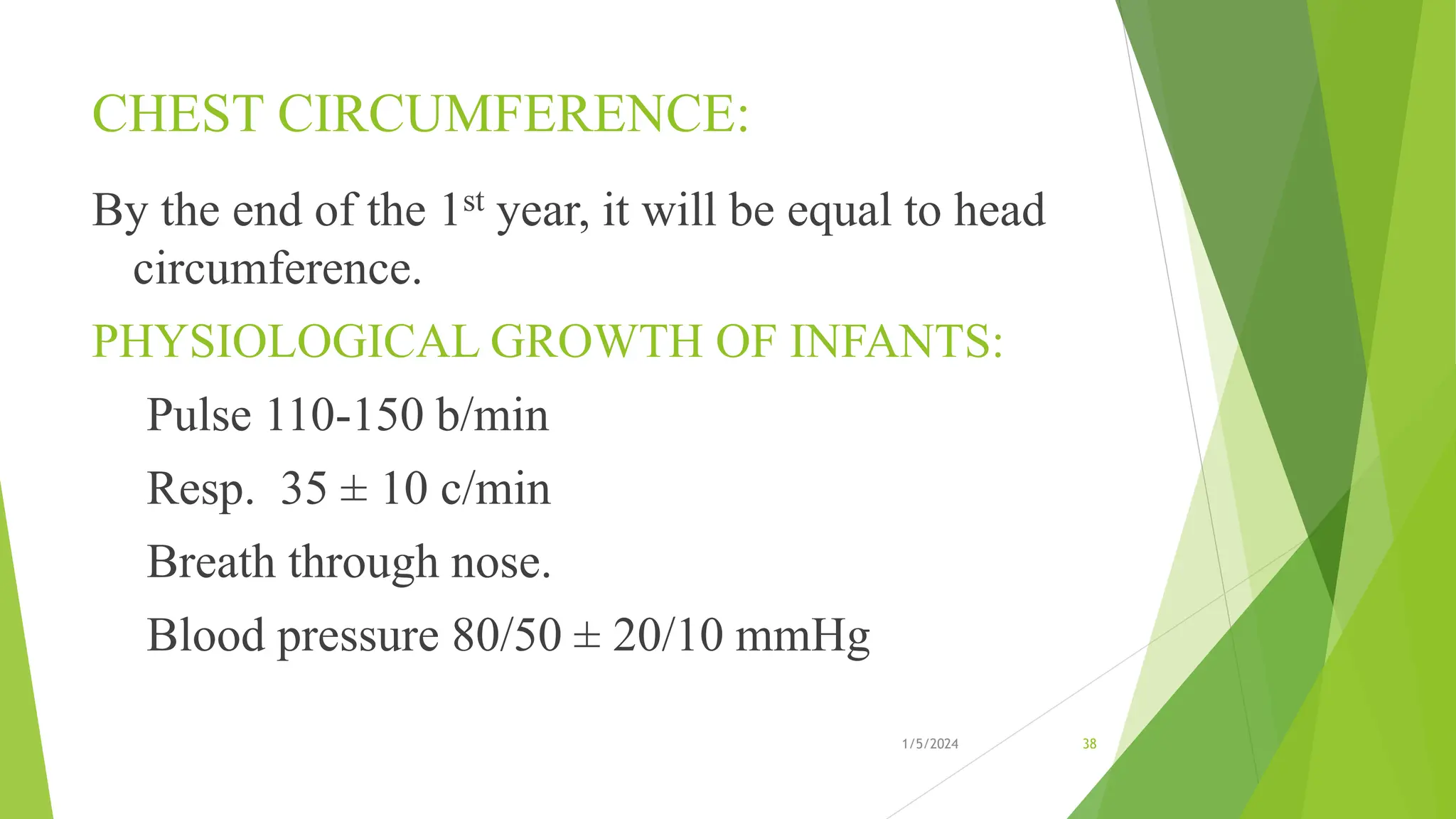 CHEST CIRCUMFERENCE:
By the end of the 1st year, it will be equal to head
circumference.
PHYSIOLOGICAL GROWTH OF INFANTS:
Pulse 110-150 b/min
Resp. 35 ± 10 c/min
Breath through nose.
Blood pressure 80/50 ± 20/10 mmHg
1/5/2024 38
 