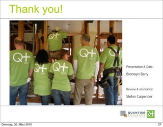 Thank you!




                          Presentation & Data:

                          Bronwyn Barry



                          Review & assistance:

                          Stefan Carpentier




Dienstag, 30. März 2010                          27
 