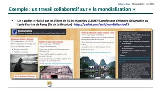 Gilles Le Page – mars 2017
Classes virtuelles
La classe virtuelle simule une classe réelle.
•
C’est une réunion de travail
•
Elle est fondée sur un objectif d'apprentissage
Le formateur/enseignant
•
Anime la réunion de travail.
•
Gère les activités des apprenants
•
Partage son écran, des ressources
•
Utilise les outils de communication des classes virtuelles (chat, boutons, ...)
•
Propose ensuite l'enregistrement de la session comme ressource.
Image humanis.qc.ca
 