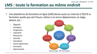 Gilles Le Page – mars 2017
Le « e-learning » est chronophage !
10 heures de travail pour préparer une séance
d'apprentssage de 4 heures en partant de zéro.

… Mais 2 heures suffiront sans doute la fois suivante !

Préparer un MOOC de 6 semaines suppose environ 3
mois de préparation à une équipe de travail de
plusieurs personnes
 