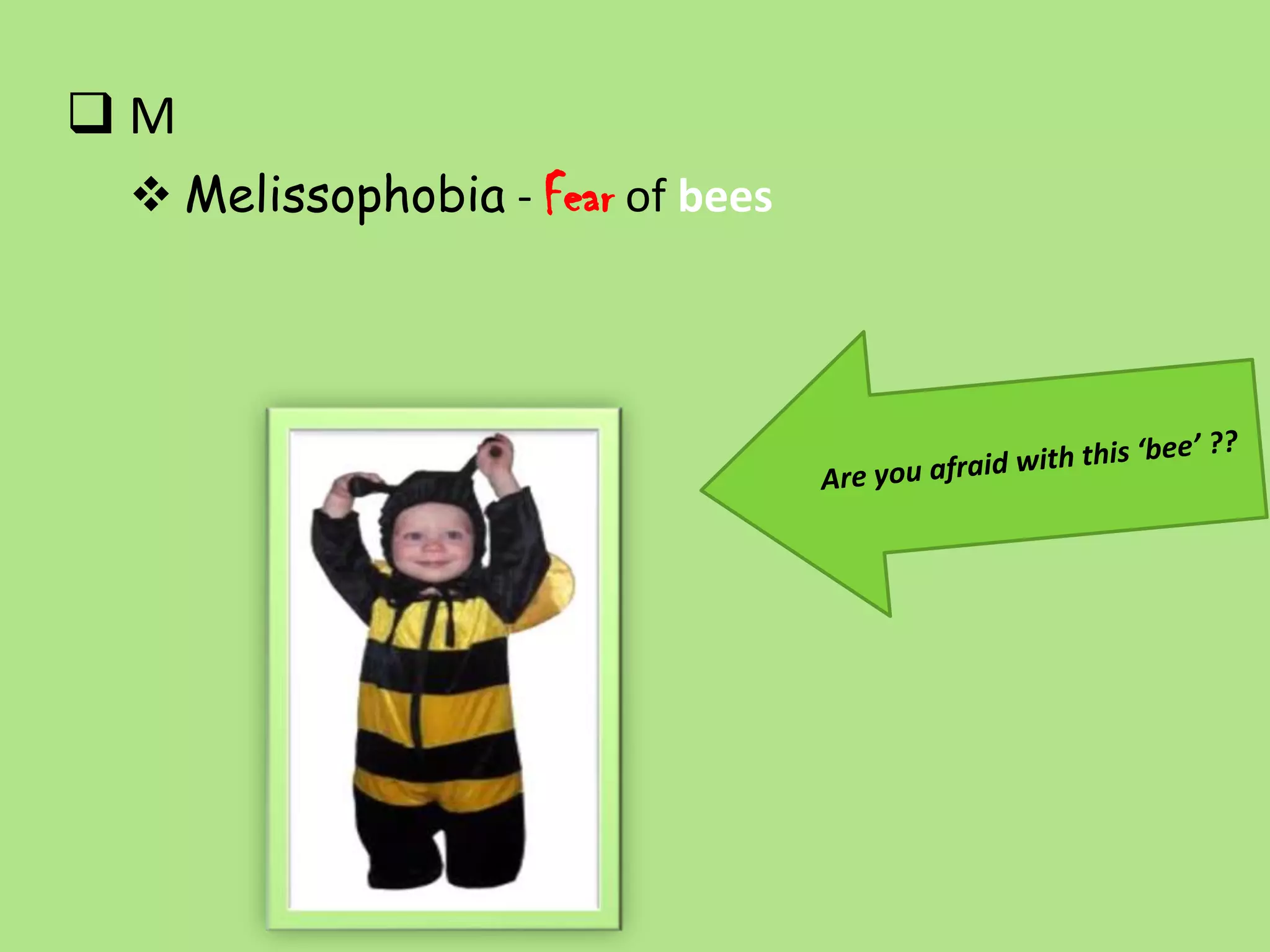 M
  Melissophobia - Fear of bees
 