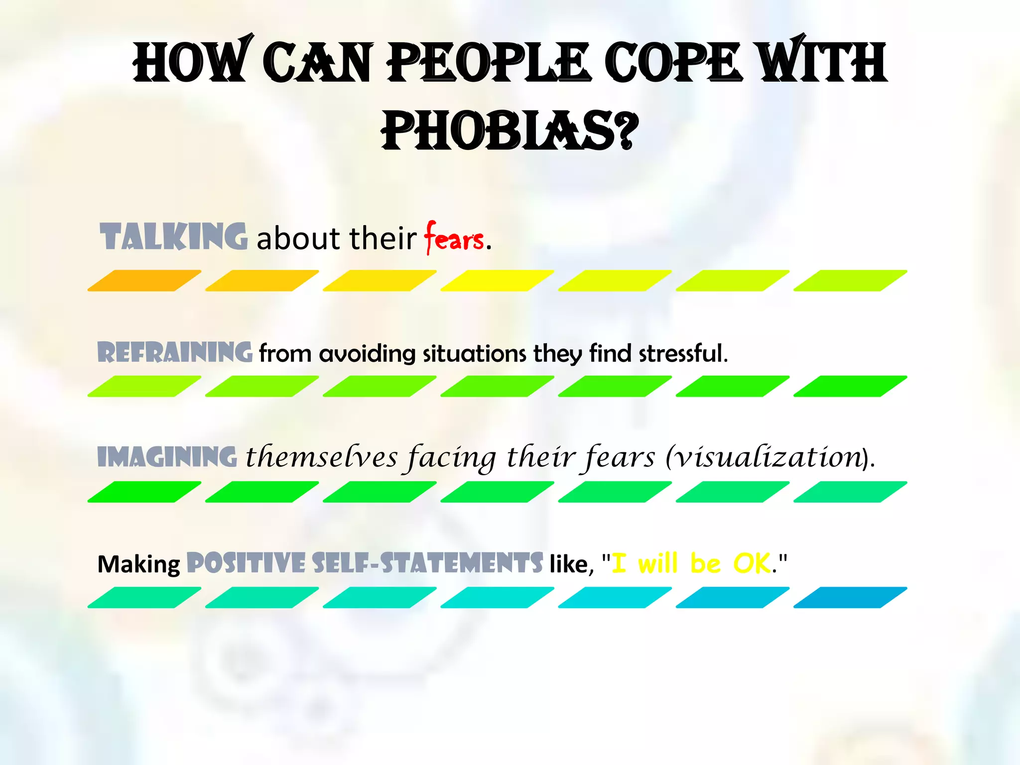 How can people cope with
           phobias?
Talking about their fears.


Refraining from avoiding situations they find stressful.


Imagining themselves facing their fears (visualization).


Making positive self-statements like, "I will be OK."
 