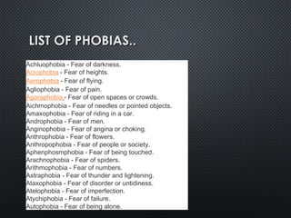 LIST OF PHOBIAS..LIST OF PHOBIAS..
Achluophobia - Fear of darkness. 
Acrophobia - Fear of heights. 
Aerophobia - Fear of flying.
Agliophobia - Fear of pain. 
Agoraphobia - Fear of open spaces or crowds. 
Aichmophobia - Fear of needles or pointed objects.
Amaxophobia - Fear of riding in a car. 
Androphobia - Fear of men.
Anginophobia - Fear of angina or choking.
Anthrophobia - Fear of flowers.
Anthropophobia - Fear of people or society.
Aphenphosmphobia - Fear of being touched.
Arachnophobia - Fear of spiders.
Arithmophobia - Fear of numbers.
Astraphobia - Fear of thunder and lightening.
Ataxophobia - Fear of disorder or untidiness.
Atelophobia - Fear of imperfection.
Atychiphobia - Fear of failure.
Autophobia - Fear of being alone.
 