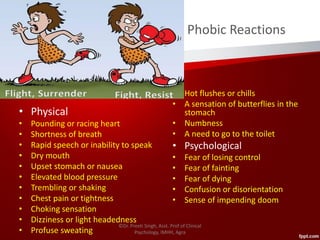Phobic Reactions
• Physical
• Pounding or racing heart
• Shortness of breath
• Rapid speech or inability to speak
• Dry mouth
• Upset stomach or nausea
• Elevated blood pressure
• Trembling or shaking
• Chest pain or tightness
• Choking sensation
• Dizziness or light headedness
• Profuse sweating
• Hot flushes or chills
• A sensation of butterflies in the
stomach
• Numbness
• A need to go to the toilet
• Psychological
• Fear of losing control
• Fear of fainting
• Fear of dying
• Confusion or disorientation
• Sense of impending doom
©Dr. Preeti Singh, Asst. Prof of Clinical
Psychology, IMHH, Agra
 