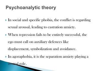  In social and specific phobia, the conflict is regarding
sexual arousal, leading to castration anxiety.
 When repression fails to be entirely successful, the
ego must call on auxiliary defences like
displacement, symbolization and avoidance.
 In agoraphobia, it is the separation anxiety playing a
central role.
 