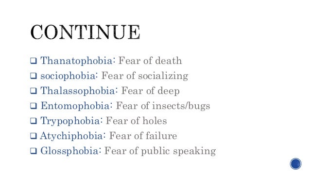  Thanatophobia: Fear of death
 sociophobia: Fear of socializing
 Thalassophobia: Fear of deep
 Entomophobia: Fear of insects/bugs
 Trypophobia: Fear of holes
 Atychiphobia: Fear of failure
 Glossphobia: Fear of public speaking
 