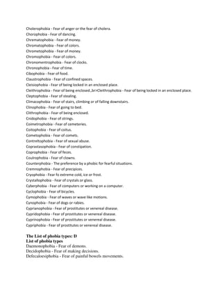 Cholerophobia - Fear of anger or the fear of cholera.
Chorophobia - Fear of dancing.
Chrematophobia - Fear of money.
Chromatophobia - Fear of colors.
Chrometophobia - Fear of money.
Chromophobia - Fear of colors.
Chronomentrophobia - Fear of clocks.
Chronophobia - Fear of time.
Cibophobia - Fear of food.
Claustrophobia - Fear of confined spaces.
Cleisiophobia - Fear of being locked in an enclosed place.
Cleithrophobia - Fear of being enclosed.,br>Cleithrophobia - Fear of being locked in an enclosed place.
Cleptophobia - Fear of stealing.
Climacophobia - Fear of stairs, climbing or of falling downstairs.
Clinophobia - Fear of going to bed.
Clithrophobia - Fear of being enclosed.
Cnidophobia - Fear of strings.
Coimetrophobia - Fear of cemeteries.
Coitophobia - Fear of coitus.
Cometophobia - Fear of comets.
Contreltophobia - Fear of sexual abuse.
Coprastasophobia - Fear of constipation.
Coprophobia - Fear of feces.
Coulrophobia - Fear of clowns.
Counterphobia - The preference by a phobic for fearful situations.
Cremnophobia - Fear of precipices.
Cryophobia - Fear fo extreme cold, ice or frost.
Crystallophobia - Fear of crystals or glass.
Cyberphobia - Fear of computers or working on a computer.
Cyclophobia - Fear of bicycles.
Cymophobia - Fear of waves or wave like motions.
Cynophobia - Fear of dogs or rabies.
Cyprianophobia - Fear of prostitutes or venereal disease.
Cypridophobia - Fear of prostitutes or venereal disease.
Cyprinophobia - Fear of prostitutes or venereal disease.
Cypriphobia - Fear of prostitutes or venereal disease.
The List of phobia types: D
List of phobia types
Daemonophobia - Fear of demons.
Decidophobia - Fear of making decisions.
Defecaloesiphobia - Fear of painful bowels movements.
 