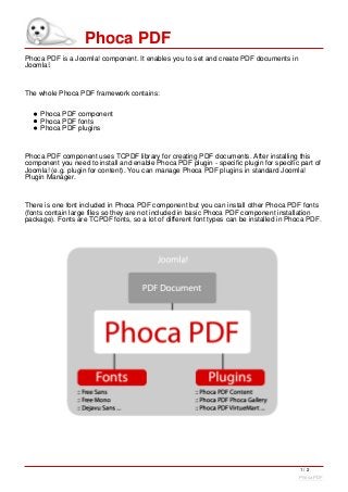 Phoca PDF
Phoca PDF is a Joomla! component. It enables you to set and create PDF documents in
Joomla!.
The whole Phoca PDF framework contains:
Phoca PDF component
Phoca PDF fonts
Phoca PDF plugins
Phoca PDF component uses TCPDF library for creating PDF documents. After installing this
component you need to install and enable Phoca PDF plugin - specific plugin for specific part of
Joomla! (e.g. plugin for content). You can manage Phoca PDF plugins in standard Joomla!
Plugin Manager.
There is one font included in Phoca PDF component but you can install other Phoca PDF fonts
(fonts contain large files so they are not included in basic Phoca PDF component installation
package). Fonts are TCPDF fonts, so a lot of different font types can be installed in Phoca PDF.
1 / 2
Phoca PDF
 