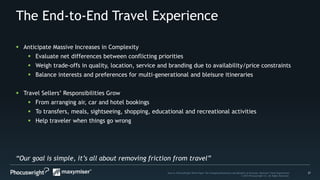 27Source: PhoCusWright White Paper The Changing Dimensions and Benefits of Personal, Relevant Travel Experiences
© 2014 Phocuswright Inc. All Rights Reserved.
The End-to-End Travel Experience
“Our goal is simple, it’s all about removing friction from travel”
 Anticipate Massive Increases in Complexity
 Evaluate net differences between conflicting priorities
 Weigh trade-offs in quality, location, service and branding due to availability/price constraints
 Balance interests and preferences for multi-generational and bleisure itineraries
 Travel Sellers’ Responsibilities Grow
 From arranging air, car and hotel bookings
 To transfers, meals, sightseeing, shopping, educational and recreational activities
 Help traveler when things go wrong
 