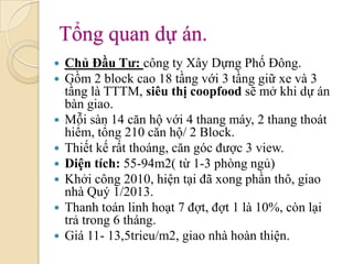 Tổng quan dự án.
   Chủ Đầu Tư: công ty Xây Dựng Phố Đông.
   Gồm 2 block cao 18 tầng với 3 tầng giữ xe và 3
    tầng là TTTM, siêu thị coopfood sẽ mở khi dự án
    bàn giao.
   Mỗi sàn 14 căn hộ với 4 thang máy, 2 thang thoát
    hiểm, tổng 210 căn hộ/ 2 Block.
   Thiết kế rất thoáng, căn góc được 3 view.
   Diện tích: 55-94m2( từ 1-3 phòng ngủ)
   Khởi công 2010, hiện tại đã xong phần thô, giao
    nhà Quý 1/2013.
   Thanh toán linh hoạt 7 đợt, đợt 1 là 10%, còn lại
    trả trong 6 tháng.
   Giá 11- 13,5trieu/m2, giao nhà hoàn thiện.
 