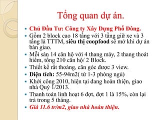 Tổng quan dự án.
   Chủ Đầu Tư: Công ty Xây Dựng Phố Đông.
   Gồm 2 block cao 18 tầng với 3 tầng giữ xe và 3
    tầng là TTTM, siêu thị coopfood sẽ mở khi dự án
    bàn giao.
   Mỗi sàn 14 căn hộ với 4 thang máy, 2 thang thoát
    hiểm, tổng 210 căn hộ/ 2 Block.
   Thiết kế rất thoáng, căn góc được 3 view.
   Diện tích: 55-94m2( từ 1-3 phòng ngủ)
   Khởi công 2010, hiện tại đang hoàn thiện, giao
    nhà Quý 1/2013.
   Thanh toán linh hoạt 6 đợt, đợt 1 là 15%, còn lại
    trả trong 5 tháng.
   Giá 11.6 tr/m2, giao nhà hoàn thiện.
 