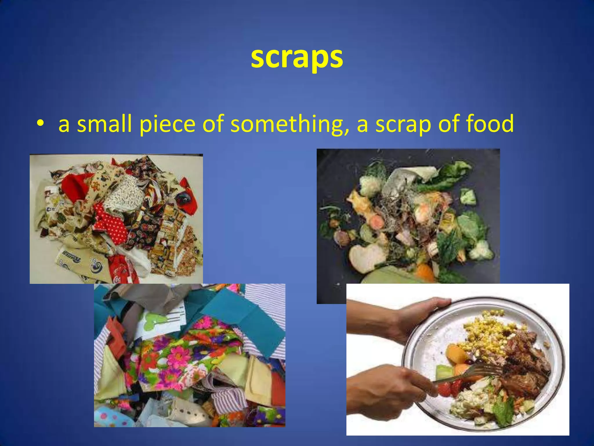 scraps
• a small piece of something, a scrap of food
 