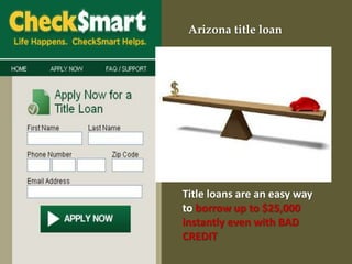 Arizona title loan
Title loans are an easy way
to borrow up to $25,000
instantly even with BAD
CREDIT
 